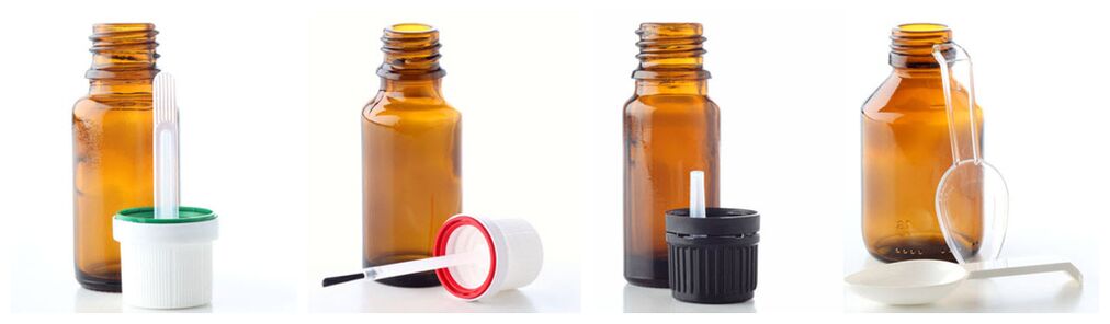 Pipeta, cepillo, dispensador de goteo e culler medidora complementan frascos de vidro para aceites esenciais